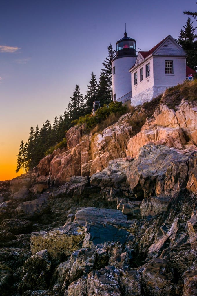 Bass Harbor Lighthouse at sunset, in Maine.