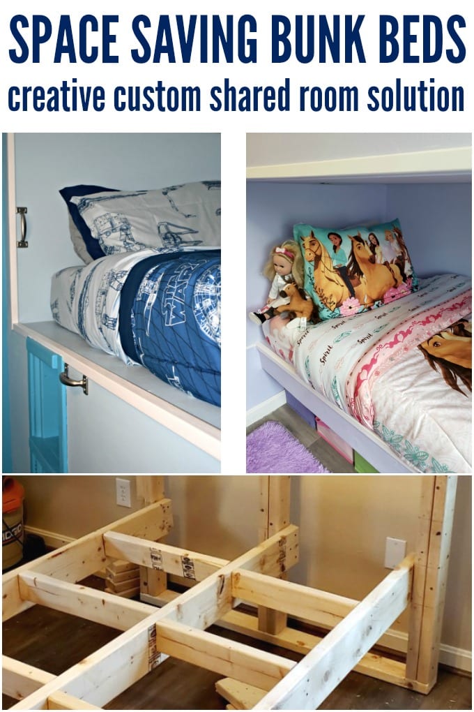 A collage with two finished bunk beds and the structure