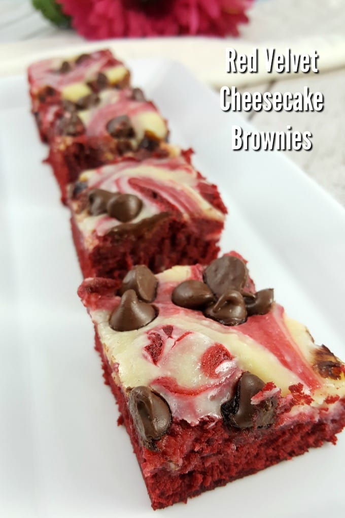 4 red velvet cheesecake brownies with chocolate chips in a line on a white plate.