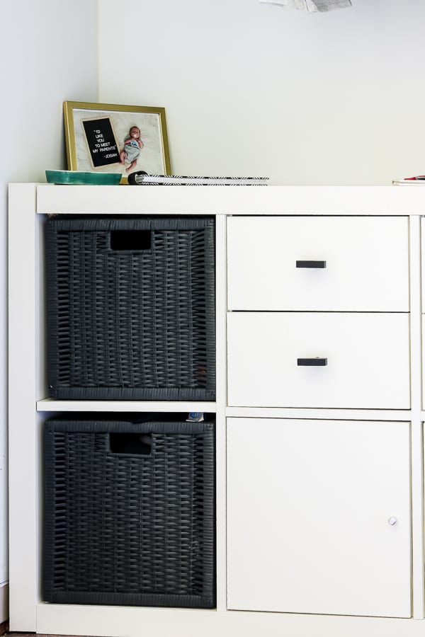 Baskets in a cube organizer.