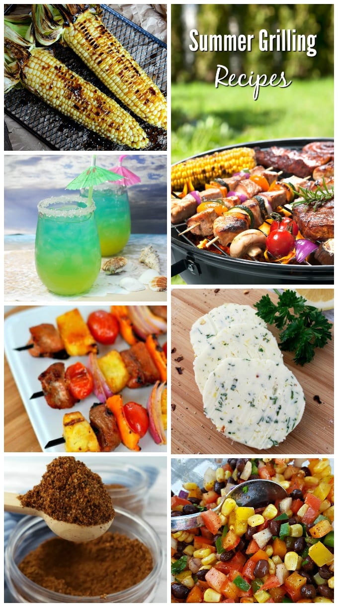 A collage of grillied corn, pork kabobs, cowboy seasoning rub, cowboy butter, cowboy caviar and more