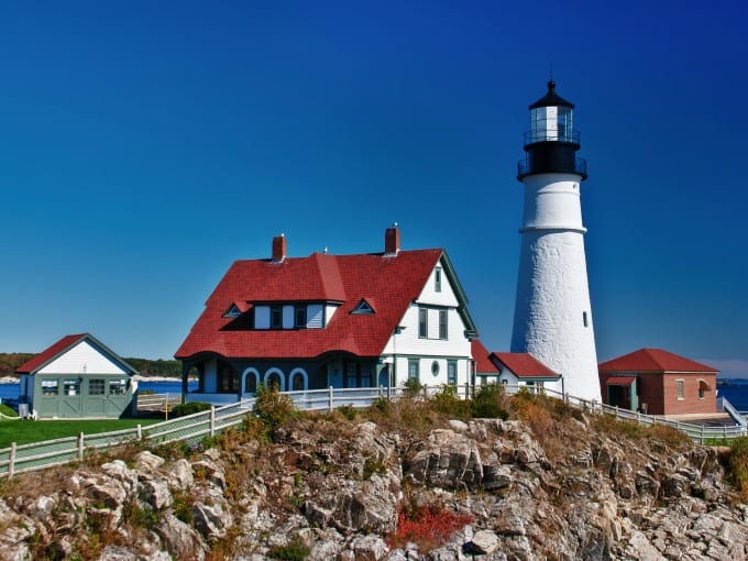 Portland Head Lighthouse and grounds in Cape Elizabeth, Maine.