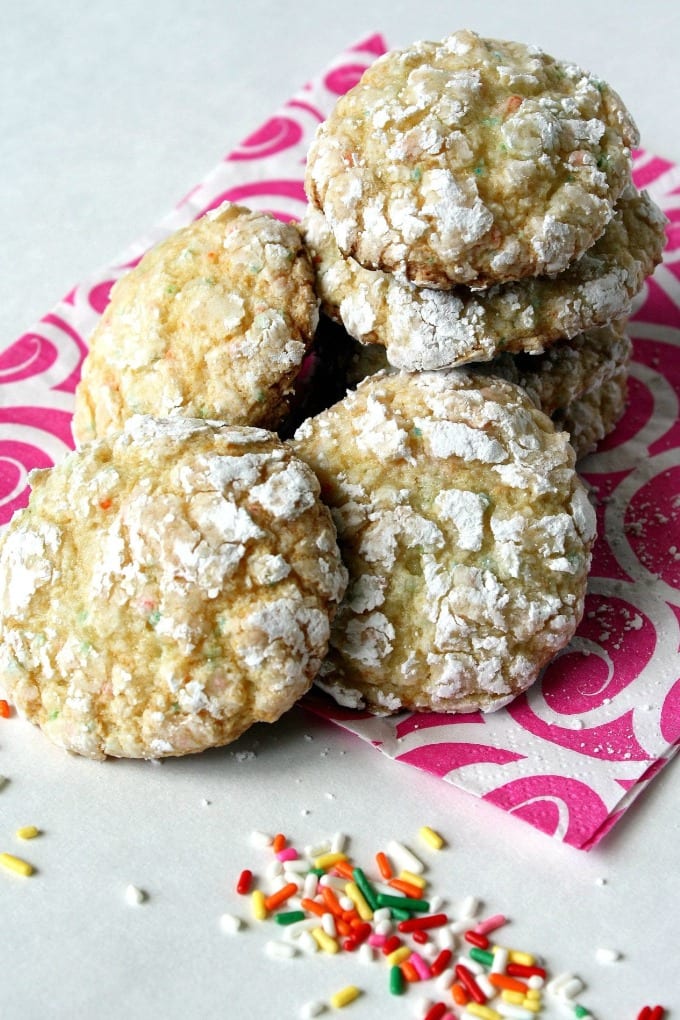 Close up of funfetti crinkle cookies.