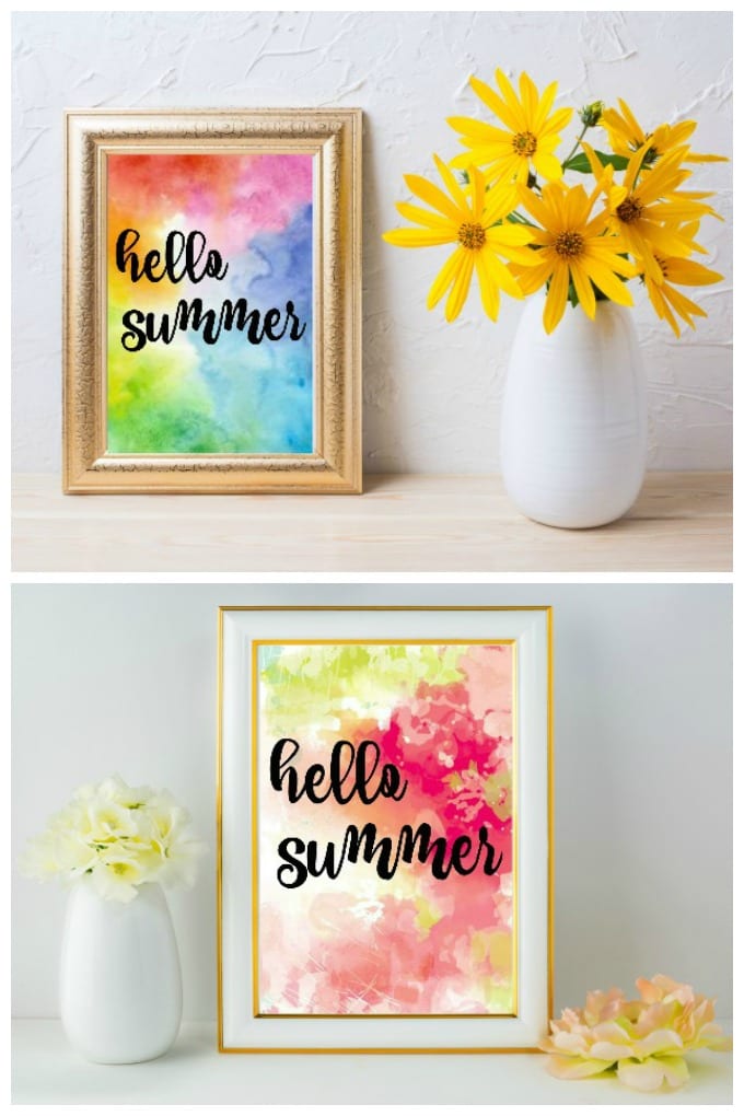 Collage image of hello summer watercolor printables with white vases and flowers.