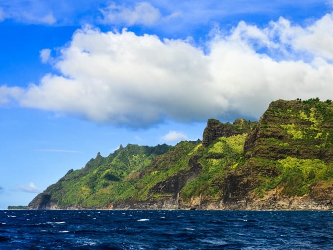 The Na Pali landscape is made of huge cliffs, some as tall as 4000 feet above sea level.