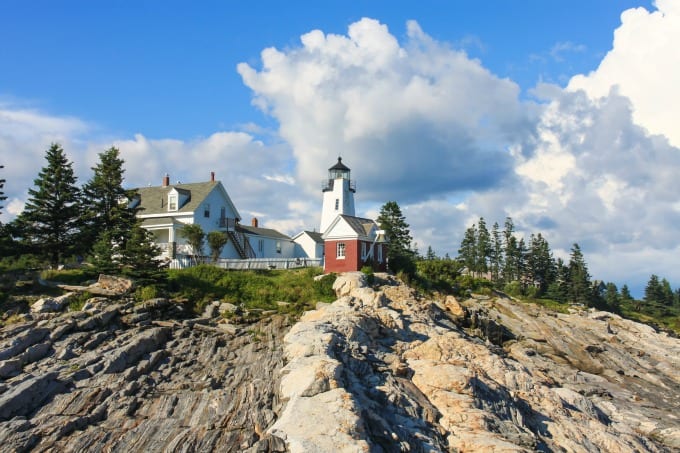 A view of Pemaquid Point Lighthouse as seen from the rocks.