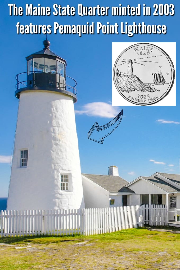 A view of Pemaquid Point Lighthouse on Muscongus Bay and Johns Bay in Bristol Maine. The lighthouse was featured on Maine state quarter minted in 2003.