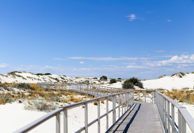 Boardwalk at dunes in White Sands, New Mexico.