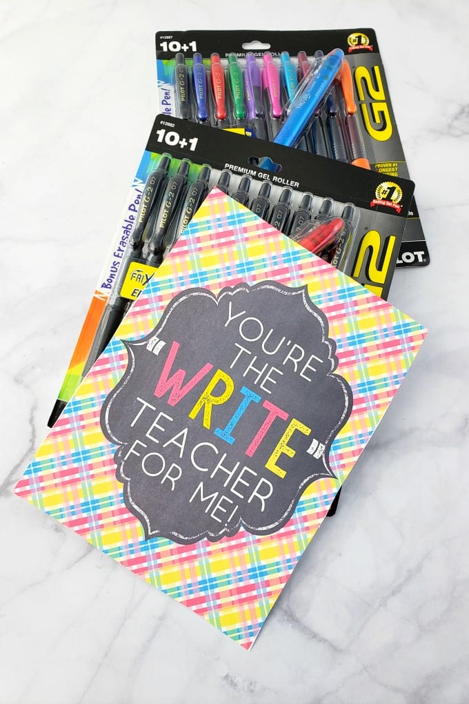 Classroom Supplies for Teachers: packages of pens on a marble counter with a free printable