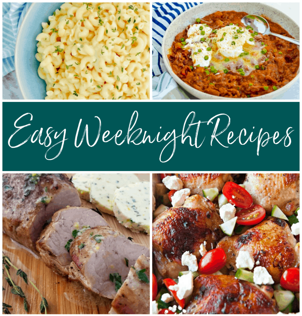 Square Easy Weeknight Recipes collage image showing 4 recipes.