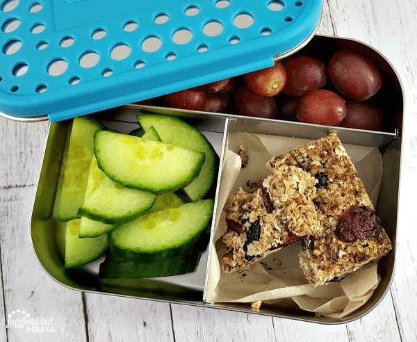 Close up of Healthy Homemade Granola Bars with dried blueberries and cranberries in a Bento style lunch box with red grapes and cucumber slices.