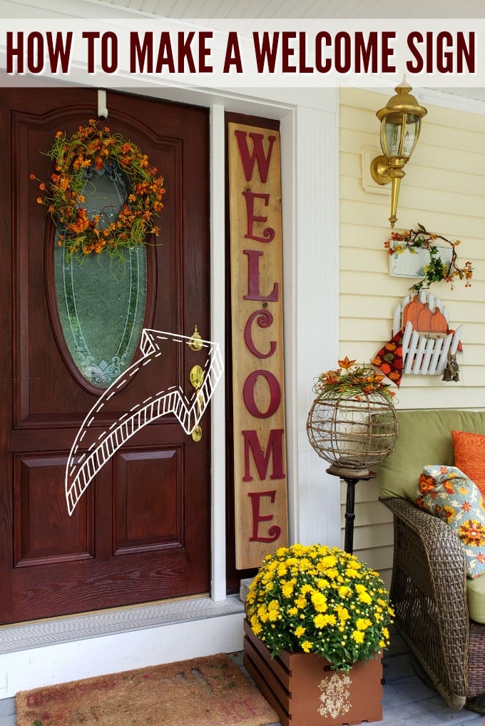 Fall Porch Decorating Ideas - a porch and front door decorated for Fall with colorful mums, pumpkins and other decorations.