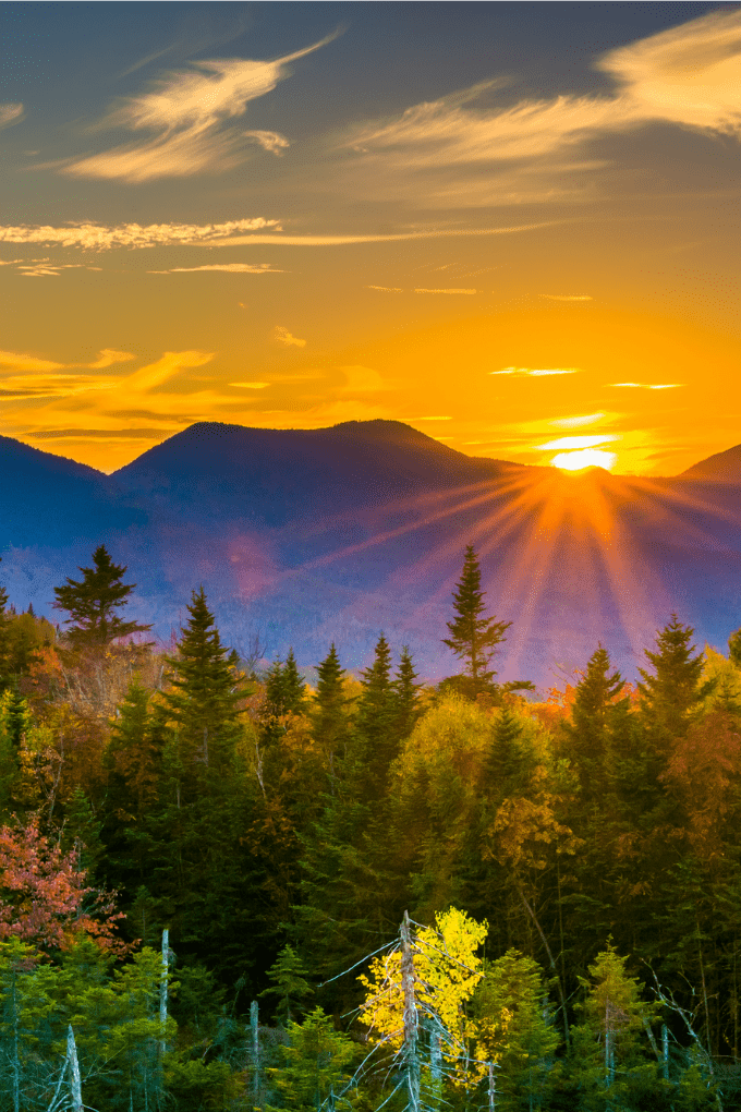 A mountain view at sunset of the the Kangamangus Scenic Byway NH in White Mountains of New Hampshire