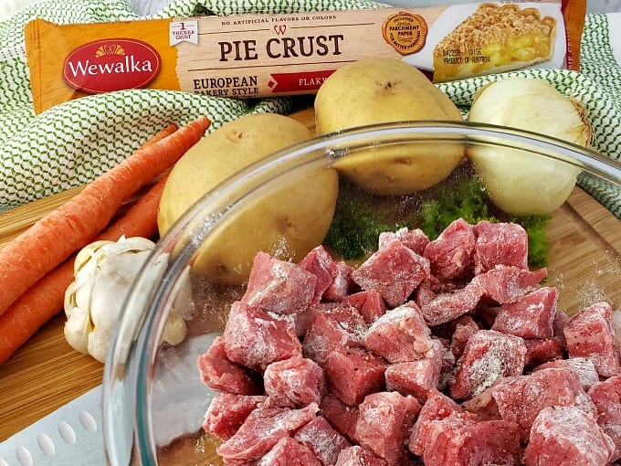 A close up of ingredients for homemade beef pot pie.