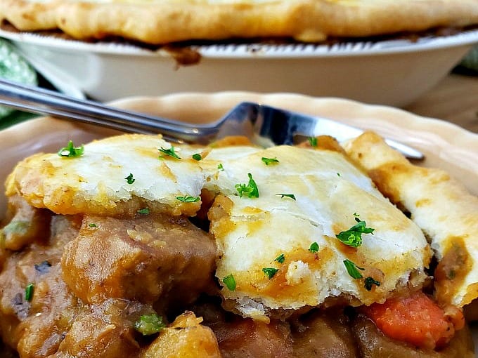 Close up of beef pot pie on a plate.