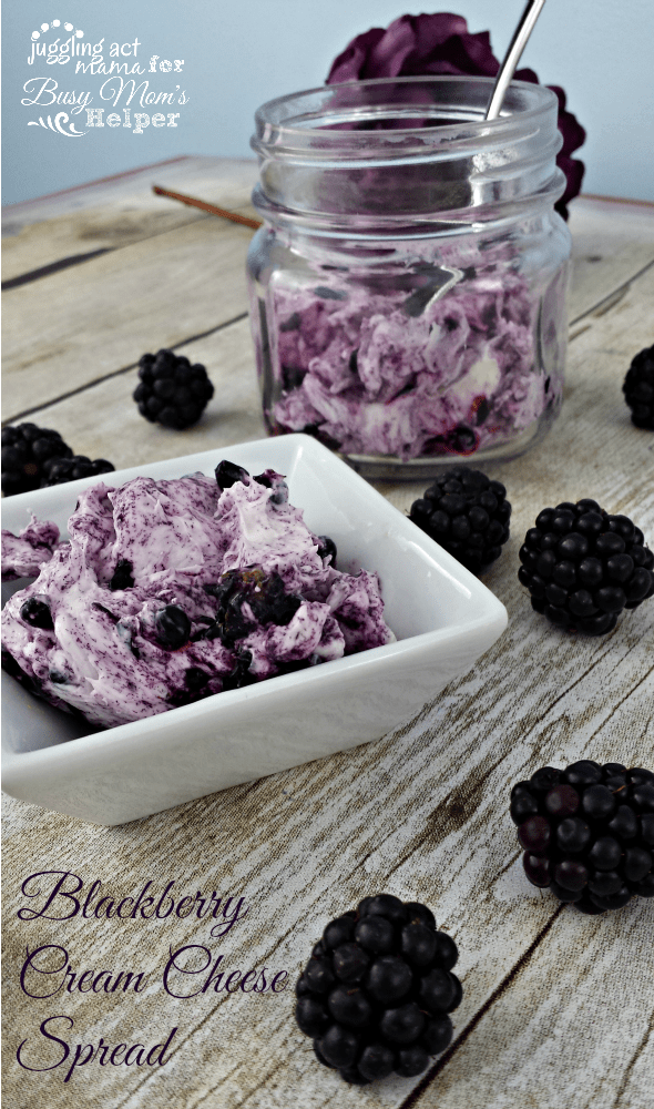 Close up image of a glass mason jar and white bowl filled with blackberry cream cheese spread.