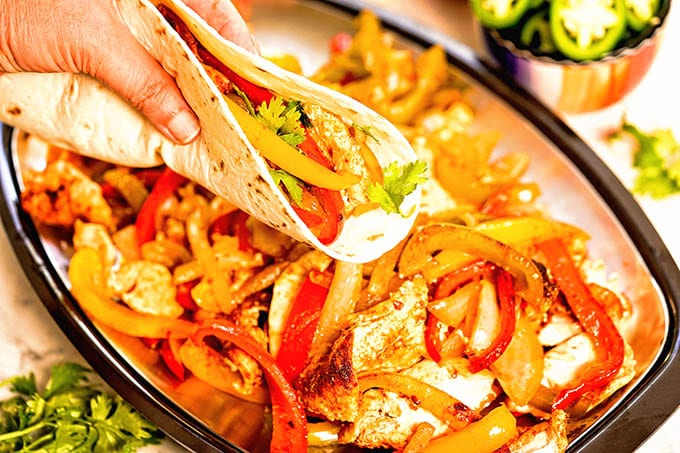 Chicken fajita in tortilla.