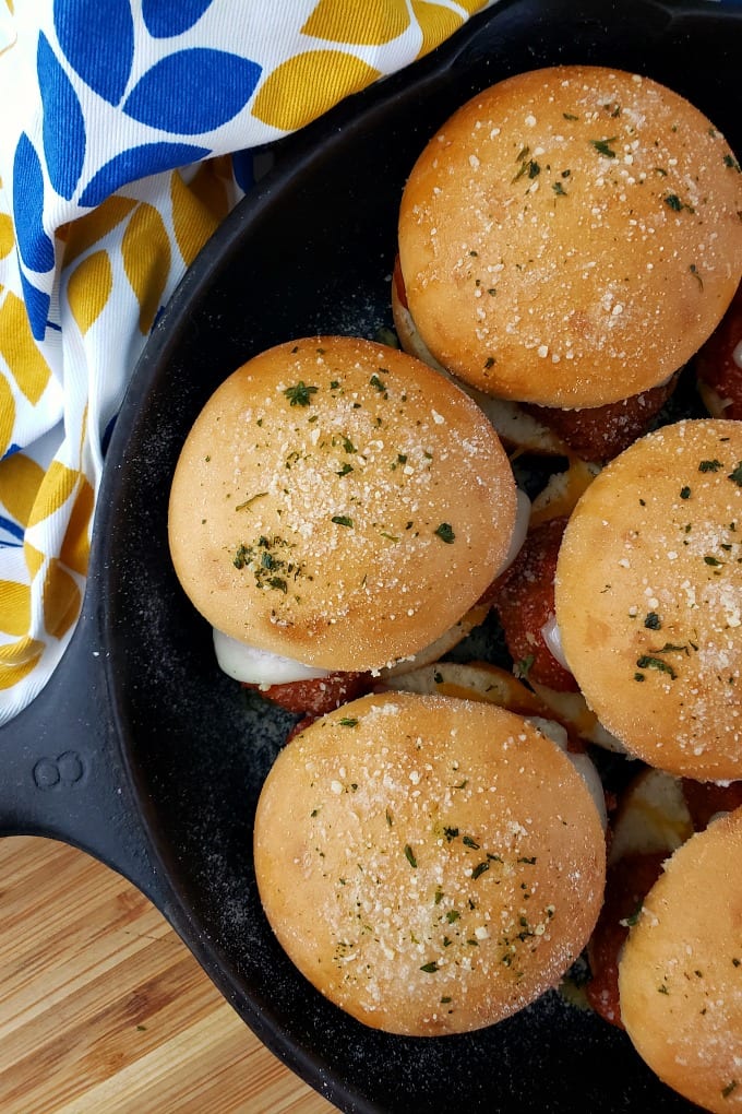 Meatball Slider Recipe - meatball sliders in a cast iron skillet.