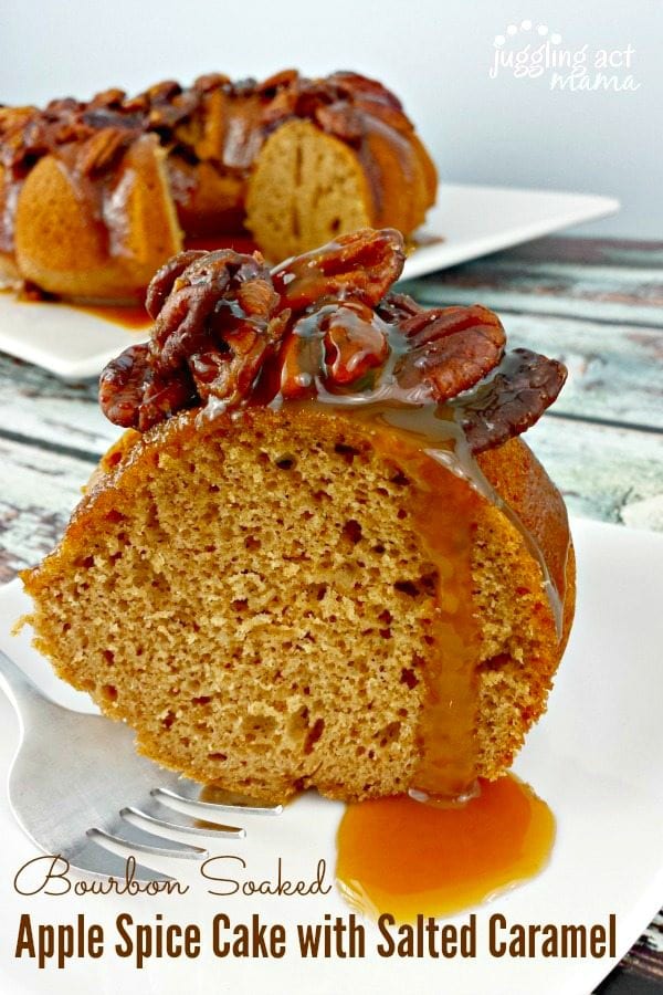 Apple Spiced Bundt Cake: A slice of apple spice cake topped with pecans and salted caramel a white plate next to a bundt cake. 