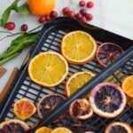 Top down image of dehydrator racks with orange slices on them.