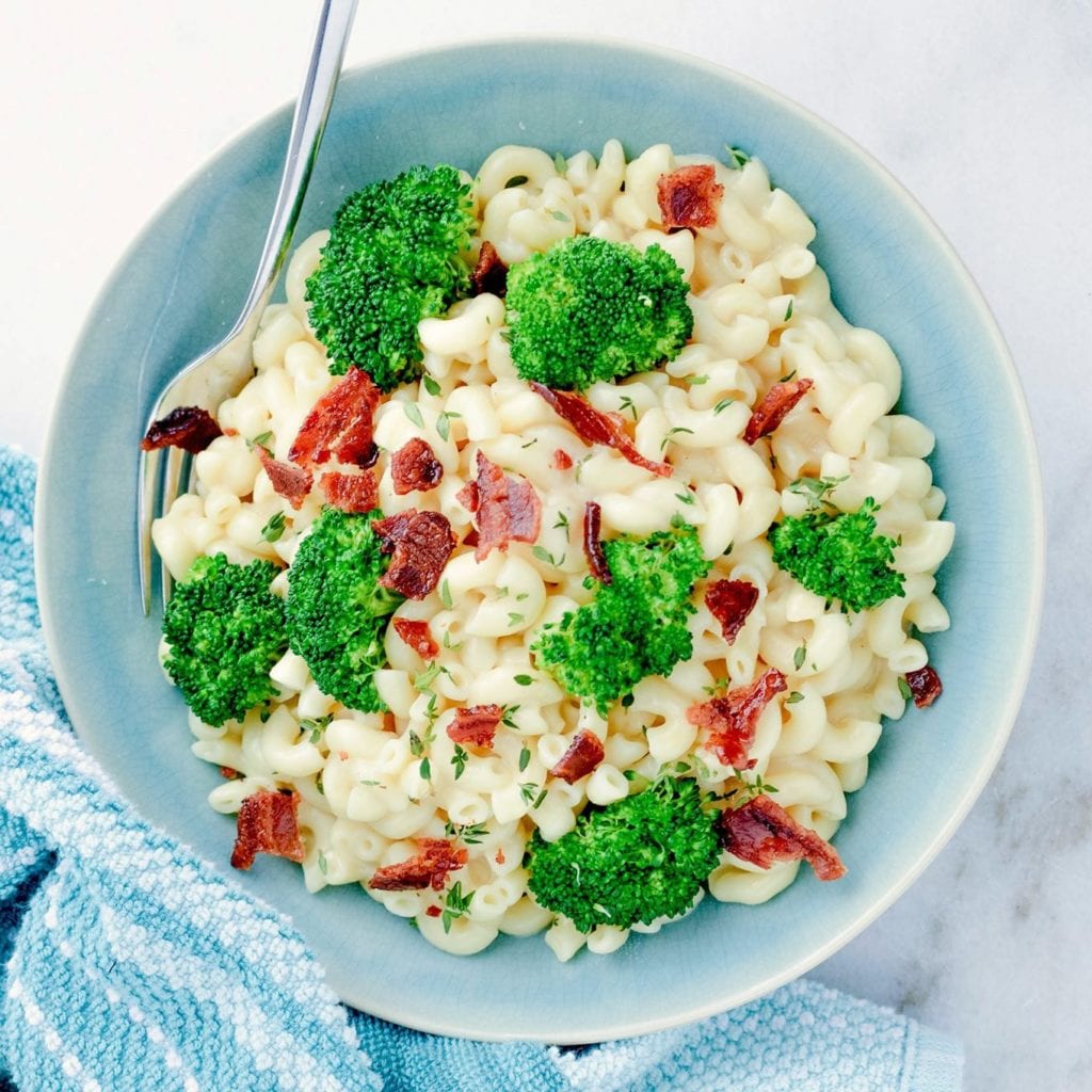pasta with cheese, broccoli and bacon.