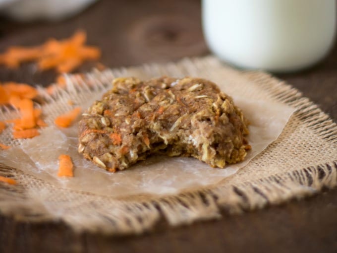 a carrot cookie on a burlap napkin
