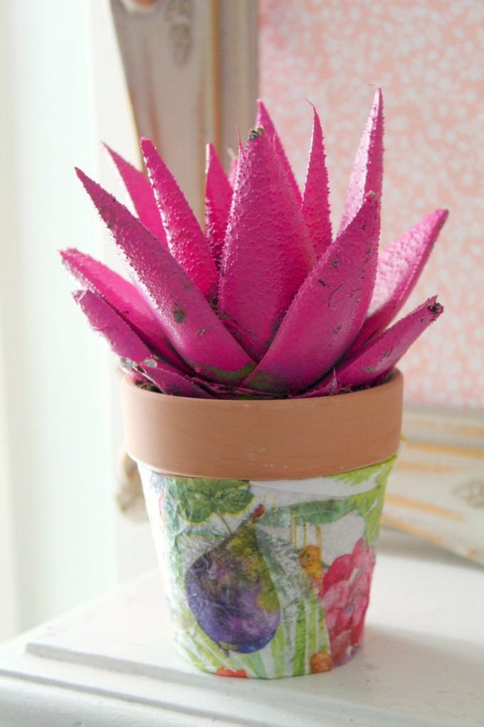Decoupage Flower Pot with pink painted succulent sits on a white wooden shelf