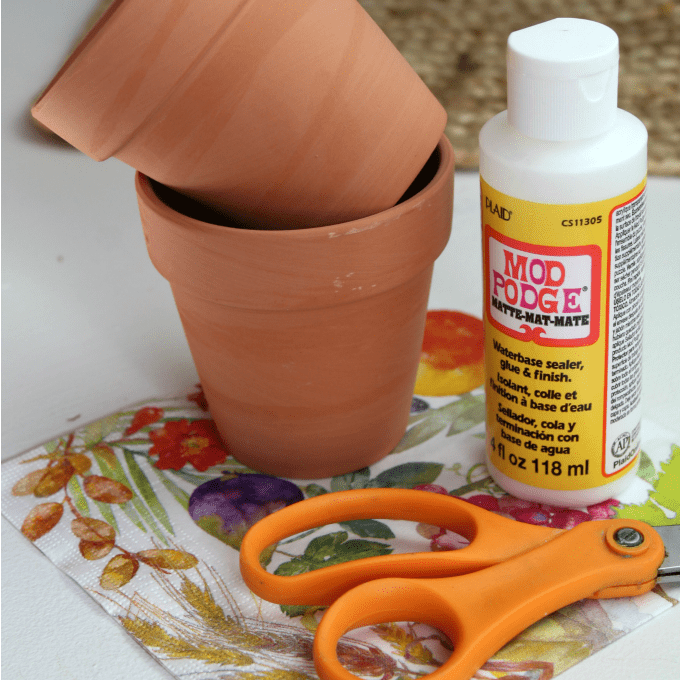 Materials needed for DIY Mod Podge gardening pot project