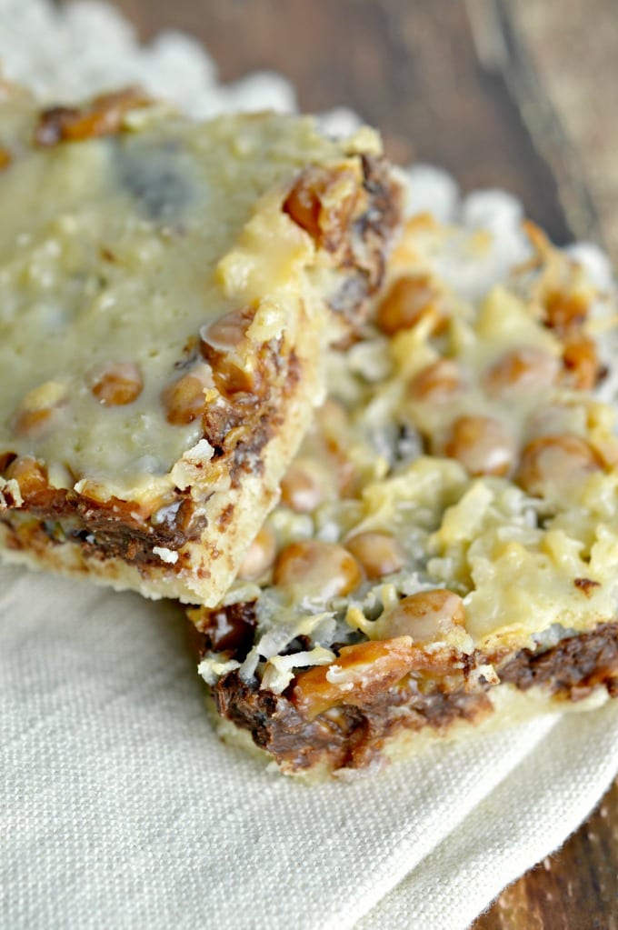 Close up of Girl Scout inspired Samoa Bars cream colored napkins 