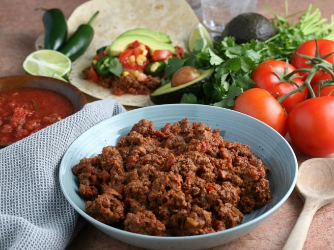 Ground Beef Taco Meat in a blue bowl next.