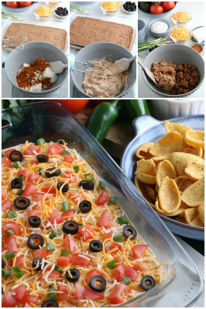 Collage image showing how to make taco dip.