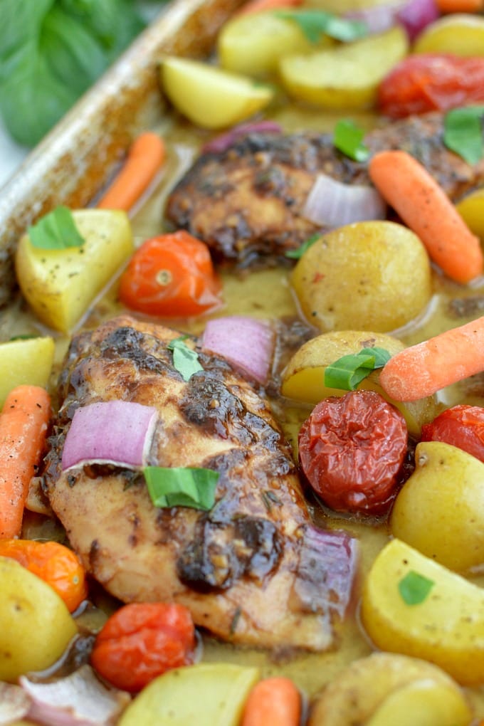 Close up image of Sheet Pan Balsamic Chicken.