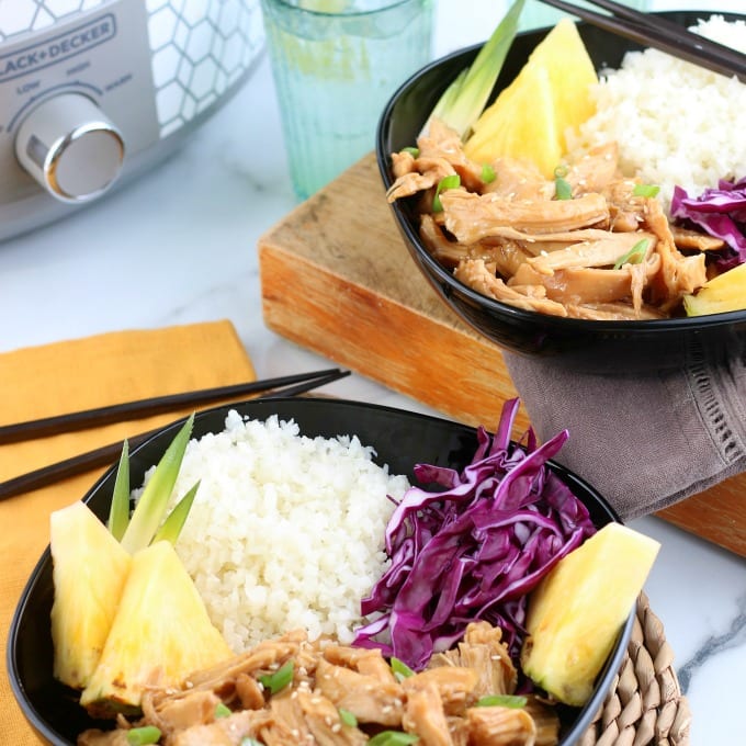 teriyaki chicken bowls with rice and pineapple.