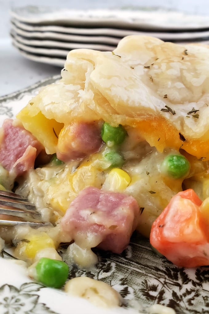 Close up image of ham pot pie on a black and white plate.