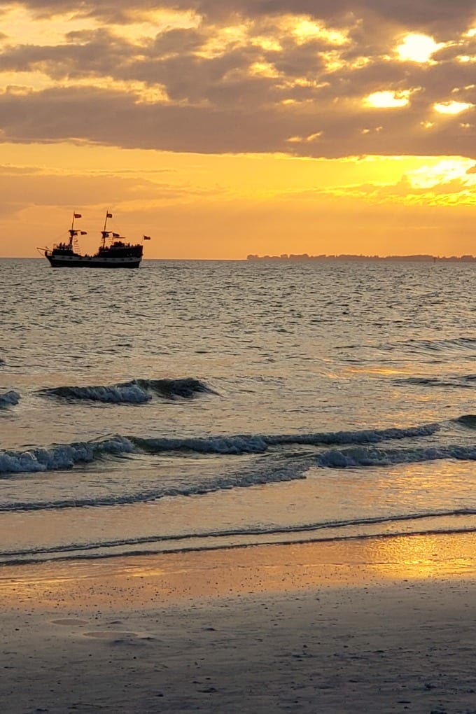 pirate ship in the Gulf of Mexico at sunset