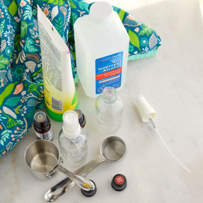 ingredients for Homemade Hand Sanitizer including Isopropyl alcohol and aloe vera.