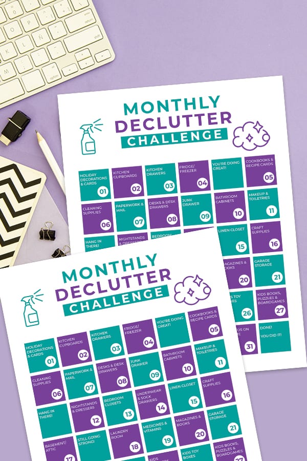 Declutter Challenge Printable on a desktop next to a keyboard.