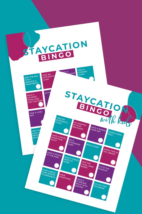 Two bingo cards that list activities with Fun Staycation Ideas.