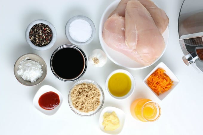 Ingredients for orange chicken next to the Instant Pot.
