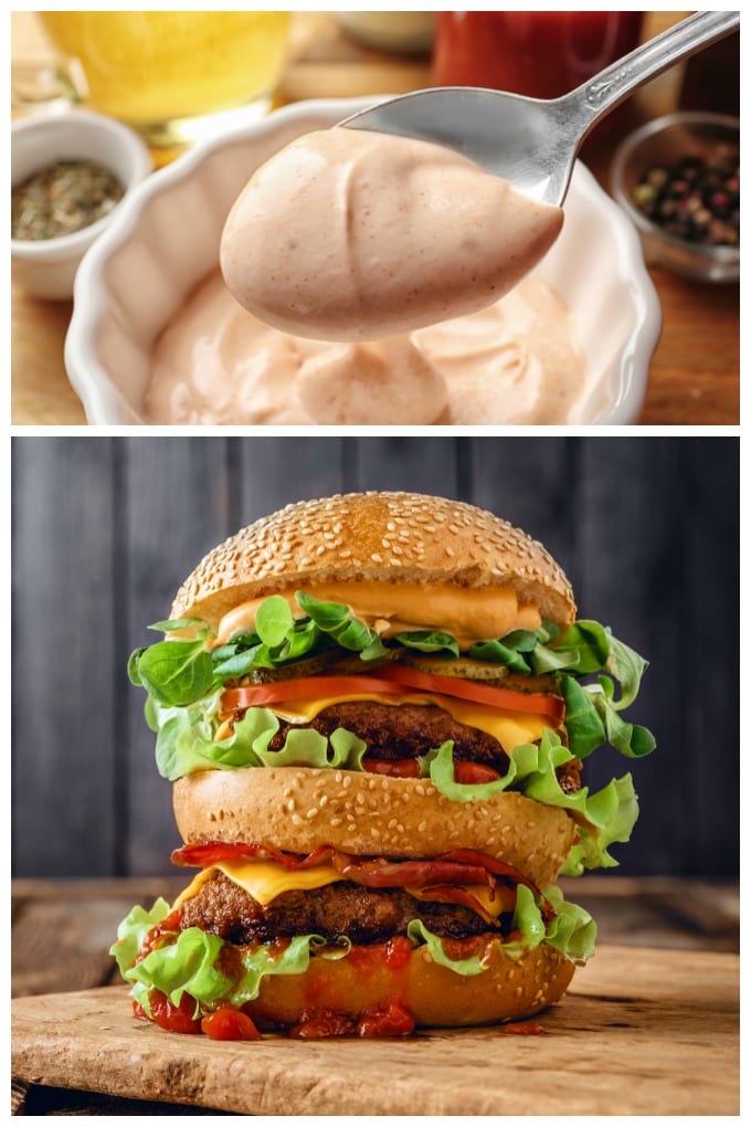 collage of burger and burger sauce condiment