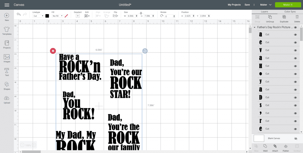 Screenshot of the Cricut Design Space with several Father's Day designs.