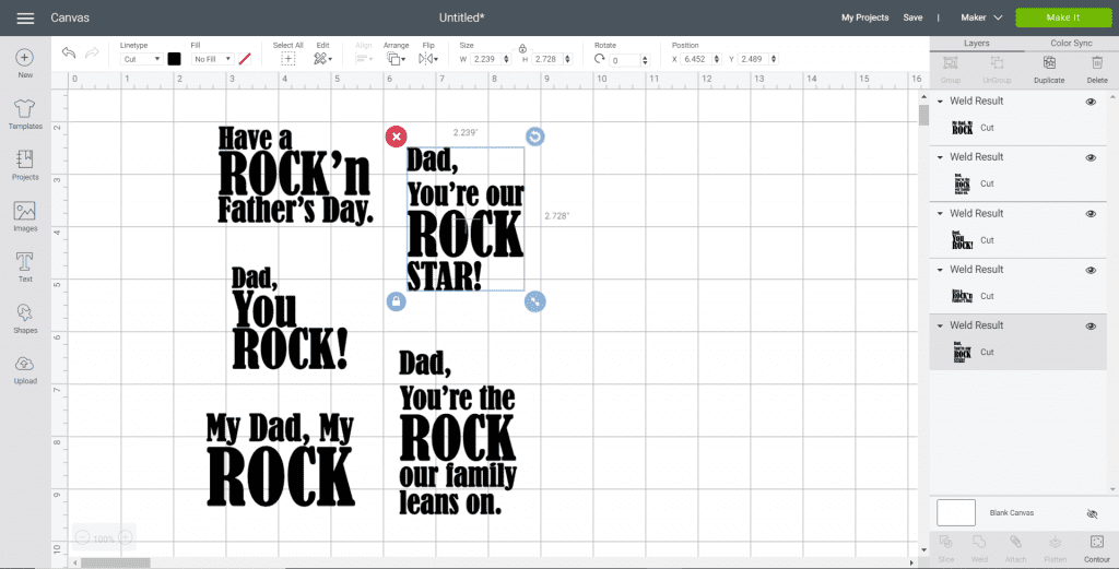 Screenshot of the Cricut Design Space with several Father's Day designs - and "Dad, You're Our Rock Star" selected.