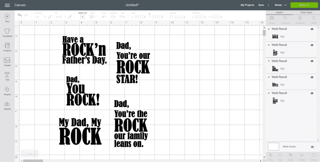 Screenshot of the Cricut Design Space with several Father's Day designs.