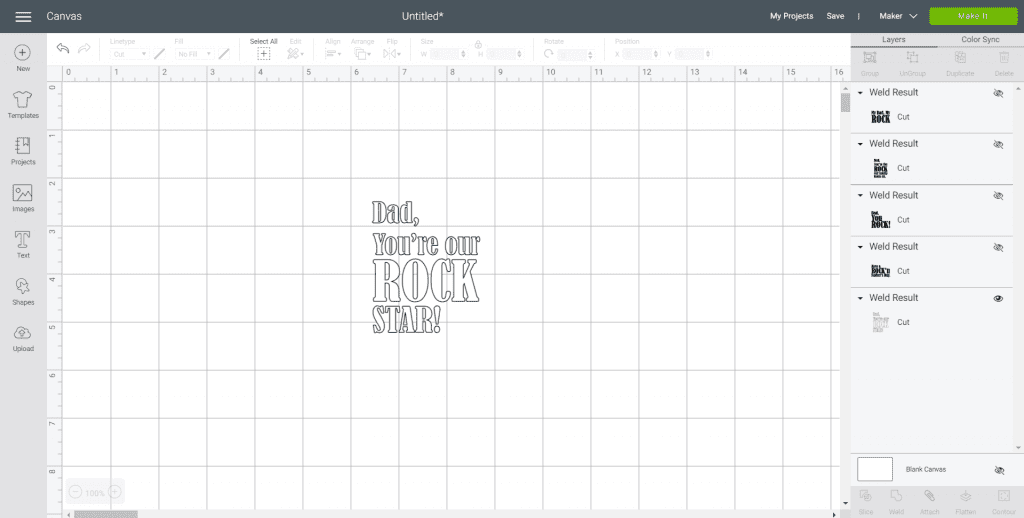 Screenshot of the Cricut Design Space with the phrase "Dad You're Our Rock Star resized to fit inside the frame once cut.
