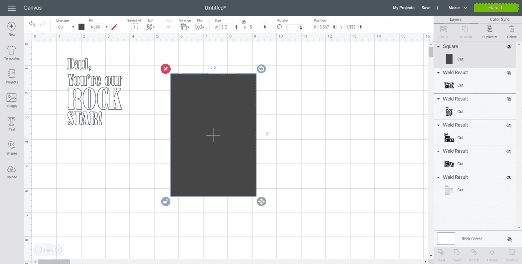 Screenshot of the Cricut Design Space with Father's Day design and a square shape that will act as the photo frame backing.