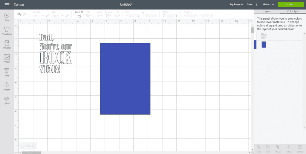 Screenshot of the Cricut Design Space with Father's Day design and a square shape that will act as the photo frame backing. Use the color sync tab to assign colors to the images for different material types: Premium Vinyl and Cardstock (Deluxe Paper).