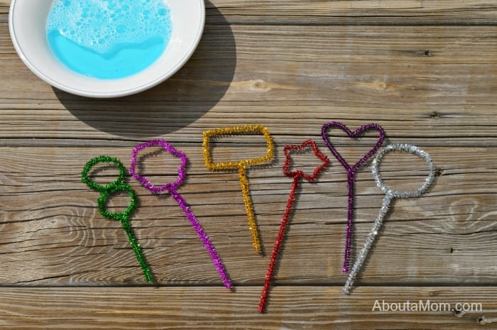 Homemade bubble wands made from chenille strips.