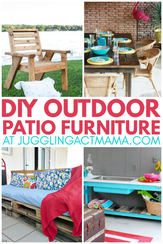 DIY Outdoor Patio Furniture collage with text overlay.