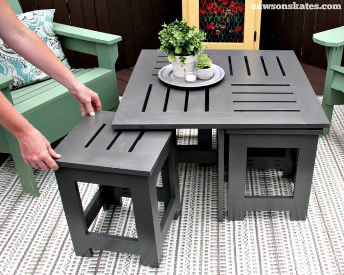 DIY Deck Furniture -  Outdoor Coffee Table with Hidden Side Tables from Saws on Skates.
