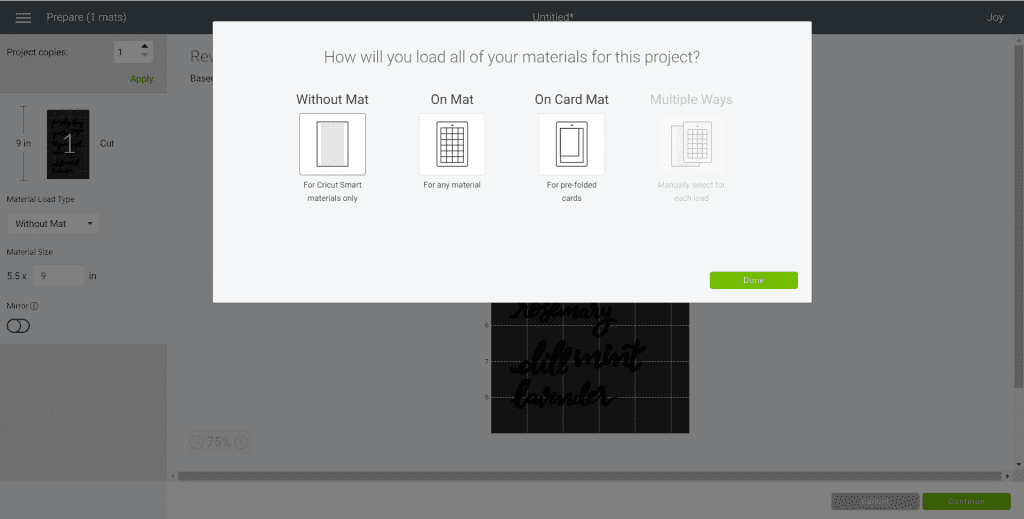 Following the prompts in Cricut Design Space.